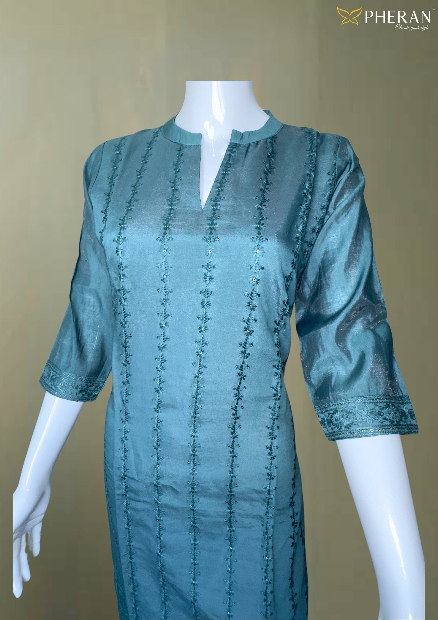 Pheran Premium Teal Embroidered Straight Suit Set (BO-4511-SK)