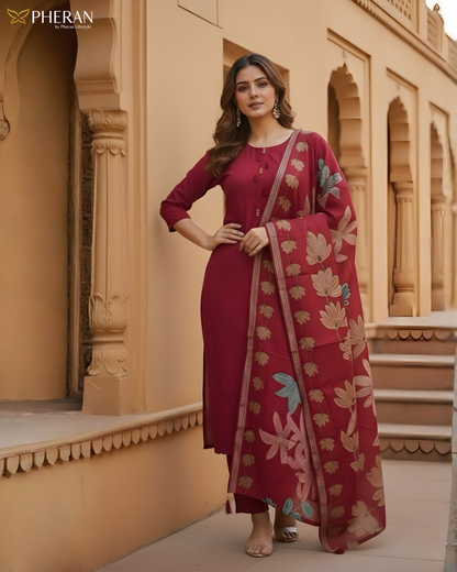 Pheran Women's Ruby Red Modal Suit Set with Floral Print Dupatta  AM75