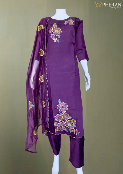 Pheran Purple Floral Embroidered Kurta Set with Dupatta (A2-PR-SU)