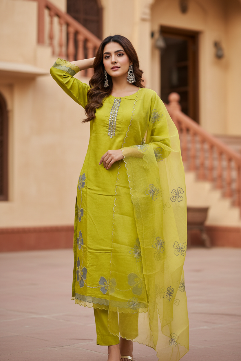 Pheran Women’s Lime Green Floral Embroidered Kurta Set with Dupatta (A2-9YE-95S)