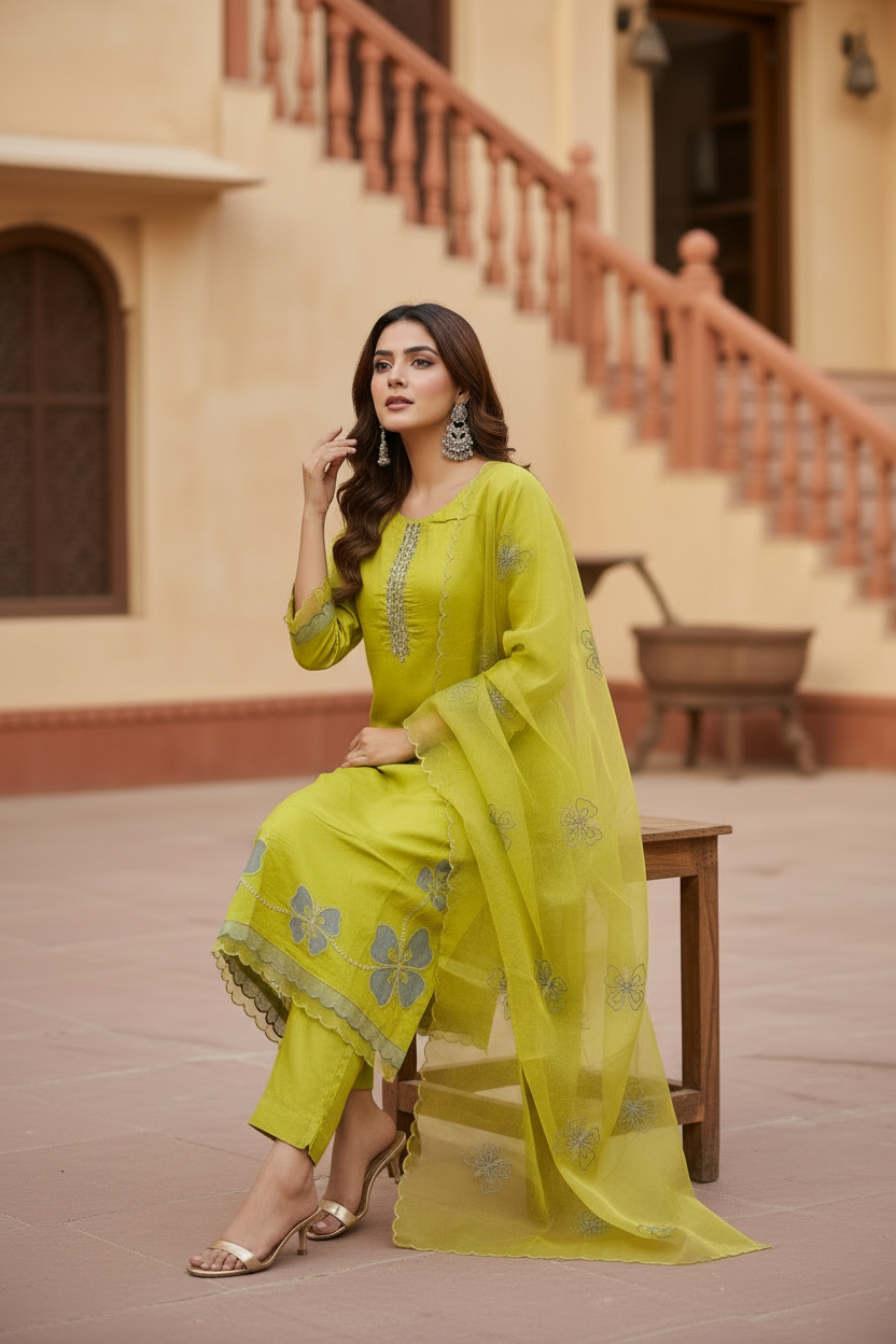 Pheran Women’s Lime Green Floral Embroidered Kurta Set with Dupatta (A2-9YE-95S)