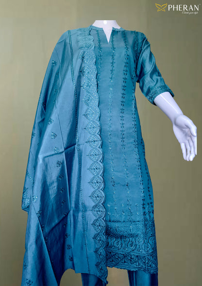 Pheran Premium Teal Embroidered Straight Suit Set (BO-4511-SK)