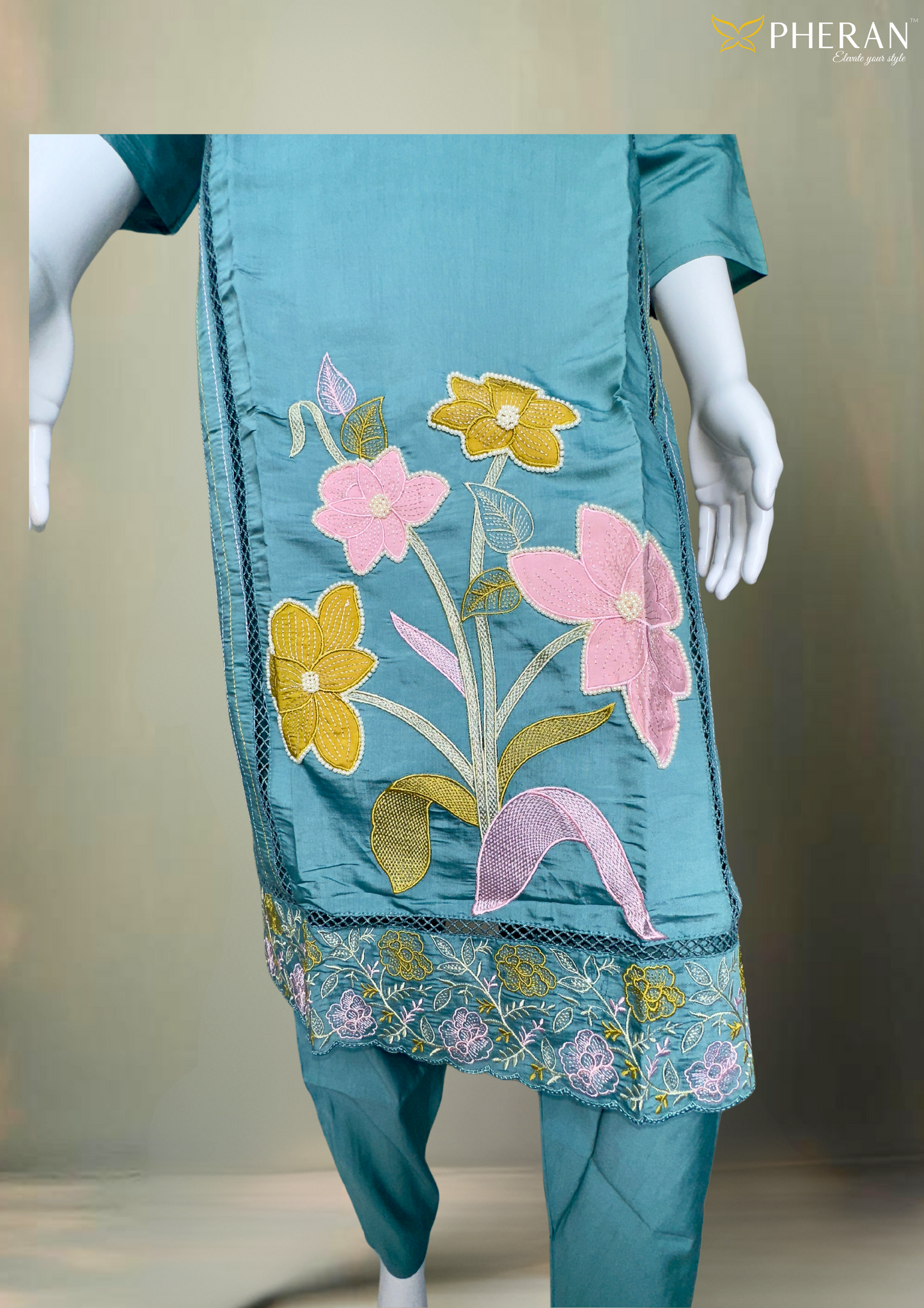 Pheran Teal Green Floral Embroidered Satin Silk Kurta Set with Dupatta (A2-TGS-SU)