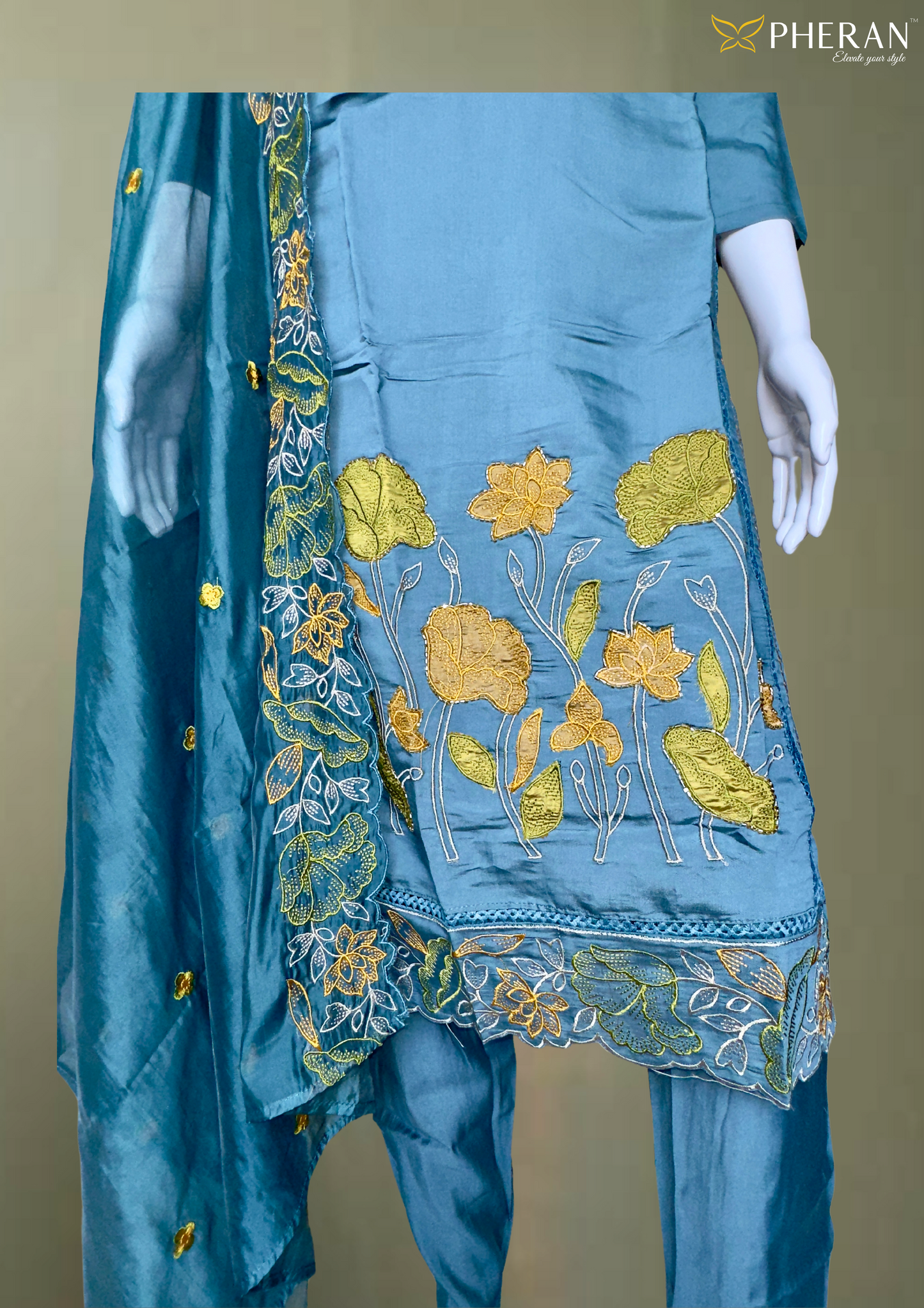 Pheran Teal Blue Floral Embroidered Kurta Set with Dupatta (A2-TB-SU)