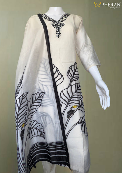 Pheran White and Black Embroidered Kurta Set with Botanical Printed Dupatta (BO-A1-0110-CR)