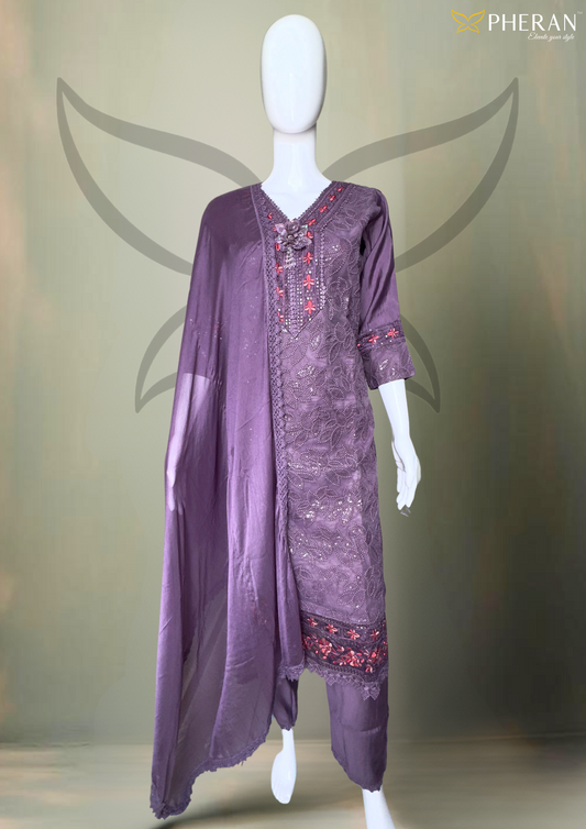 Pheran Mauve Or Purple Embroidered  Kurta Set with Dupatta (A2-PRM-SU)