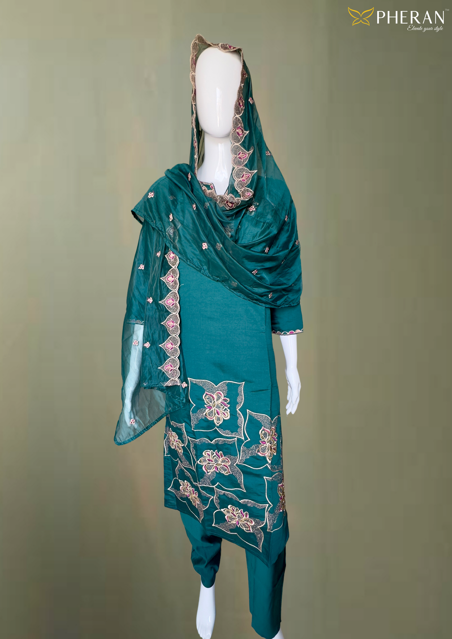 Pheran Teal Green Embroidered Kurta Set with Matching Dupatta ( A2-TG-SU)