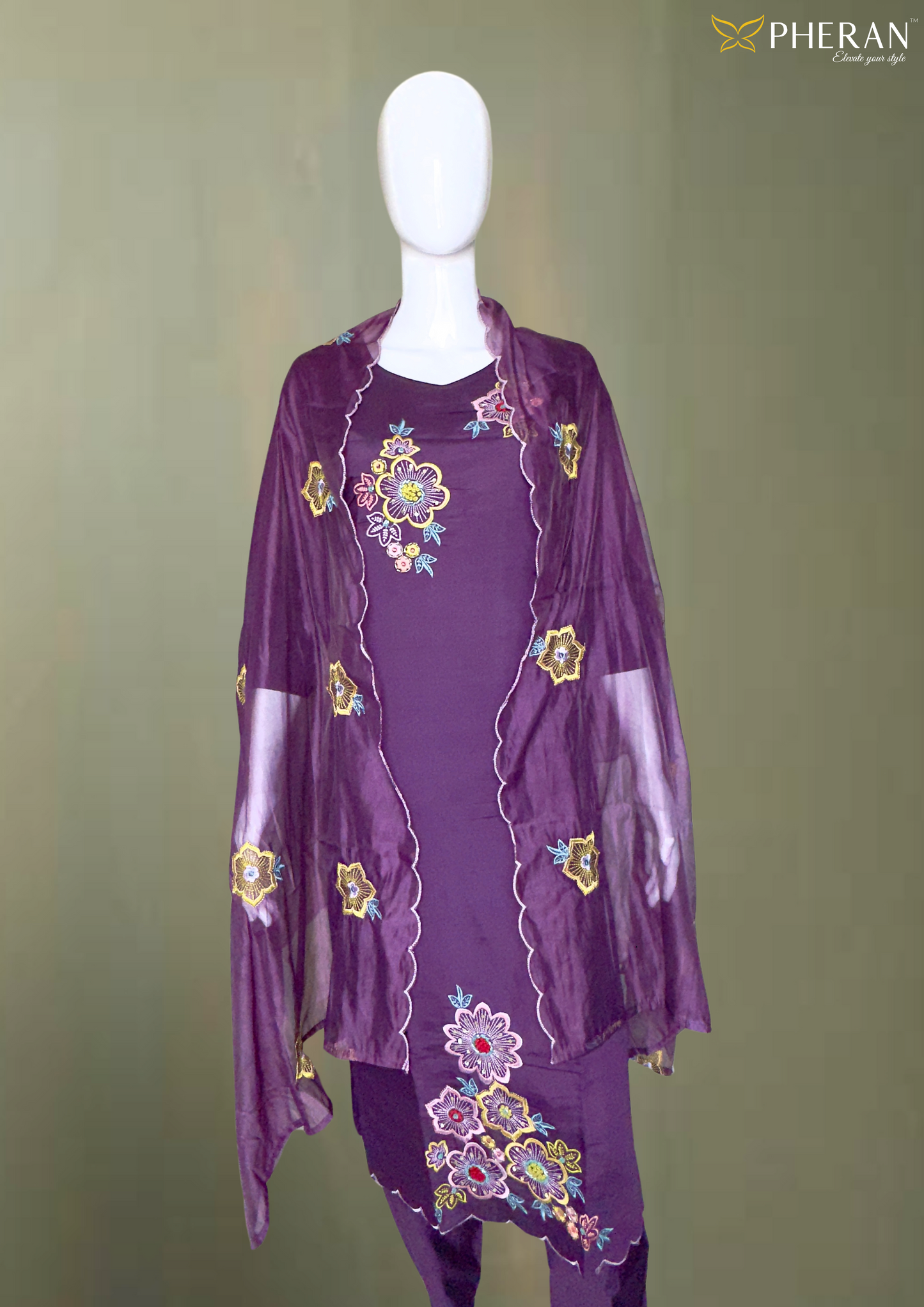 Pheran Purple Floral Embroidered Kurta Set with Dupatta (A2-PR-SU)