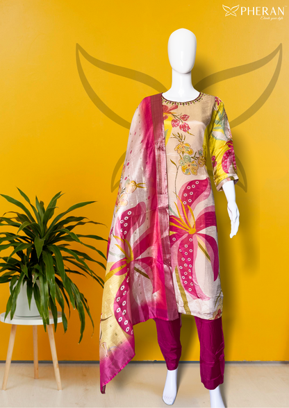 Pheran Multicolor Floral Silk Kurta Set with Dupatta (BO-3313-PK)