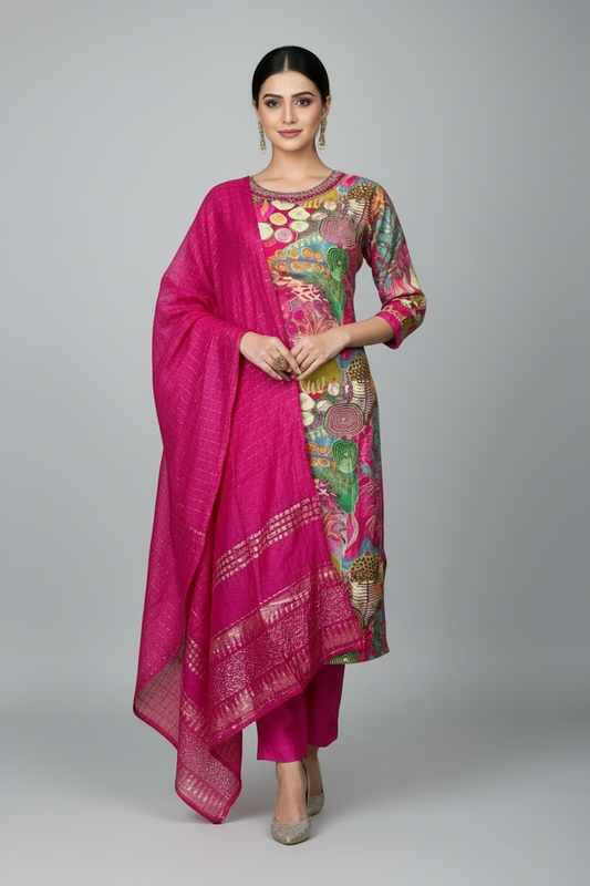 Pheran Multicolored Abstract Printed Kurta Set with Fuchsia Dupatta (M4-M100-MC-SU)
