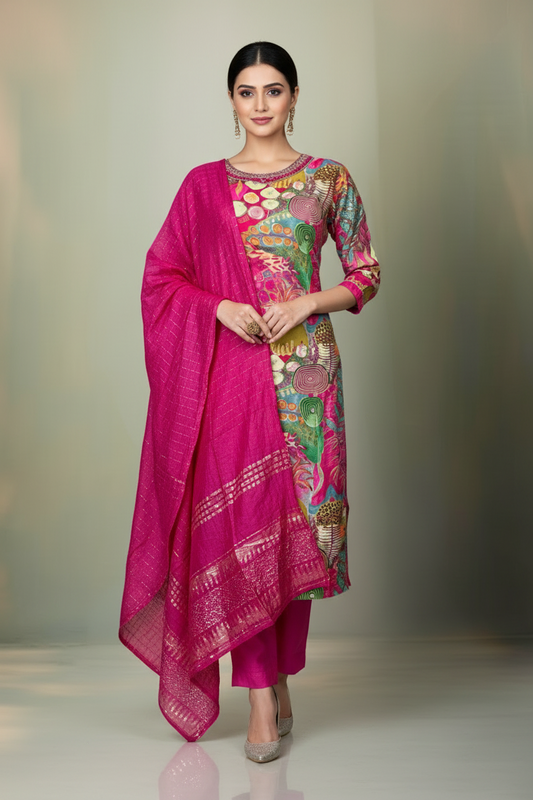 Pheran Multicolored Abstract Printed Kurta Set with Fuchsia Dupatta (M4-M100-MC-SU)