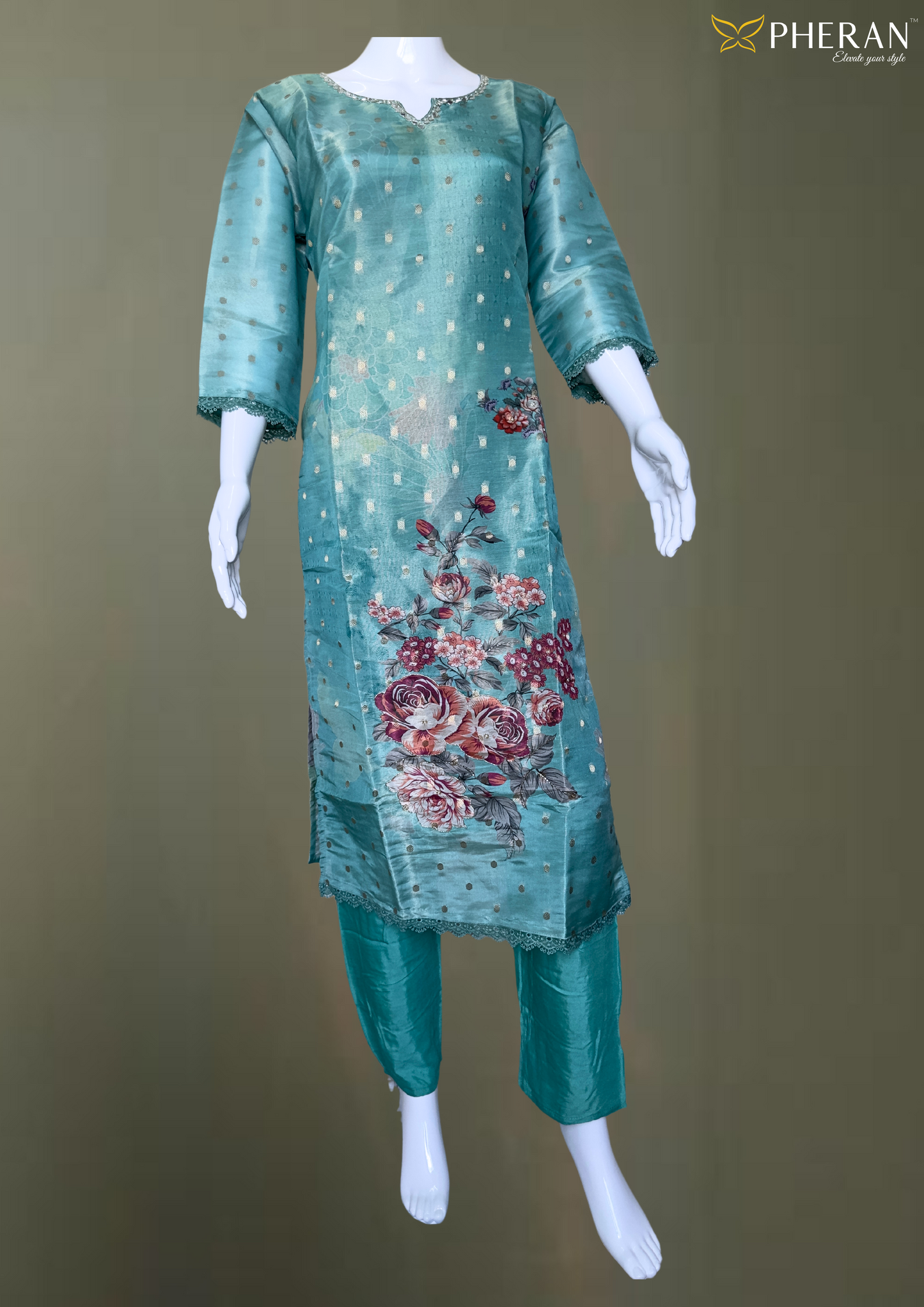 Pheran Teal Floral Printed Silk Kurta Set with Dupatta (BO-AU-05-RA)