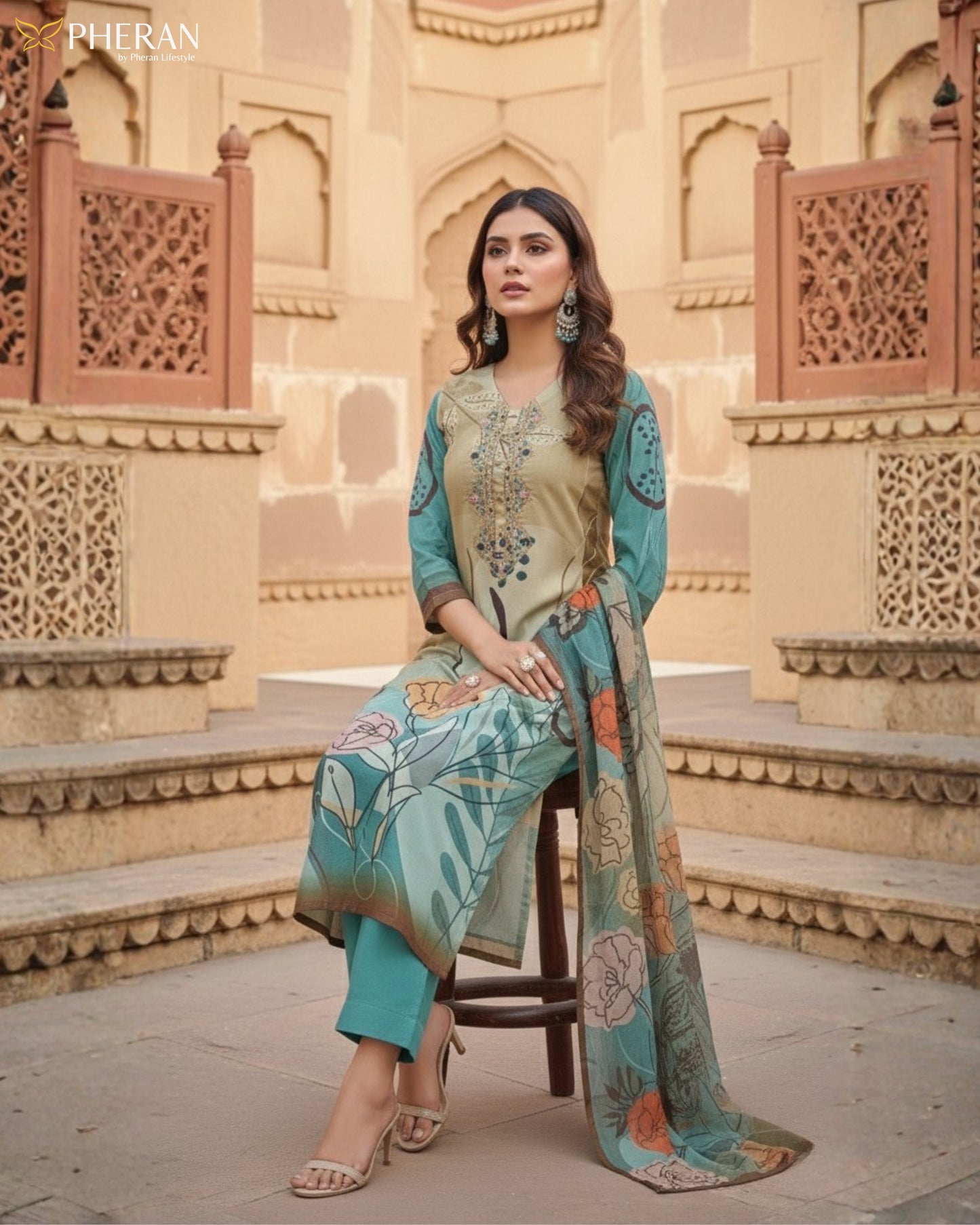 Pheran Women's Abstract Floral Print Suit Set  AM82