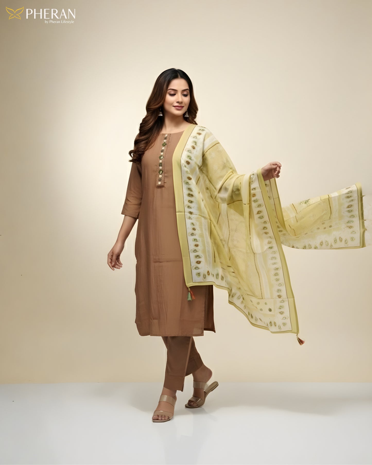 Pheran Women's Brown and Sunshine Print Modal Suit Set  AM85