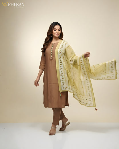 Pheran Women's Brown and Sunshine Print Modal Suit Set  AM85