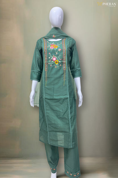 Pheran Verdant Green Embroidered Kurta Set with Dupatta (SV-KL75-GN)