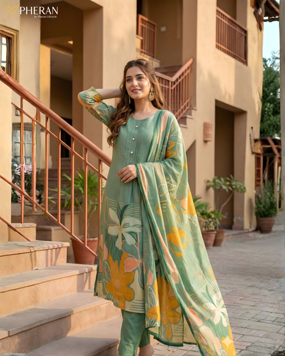 Pheran Women's Sage Green Premium Silk Cotton Suit Set  AM78