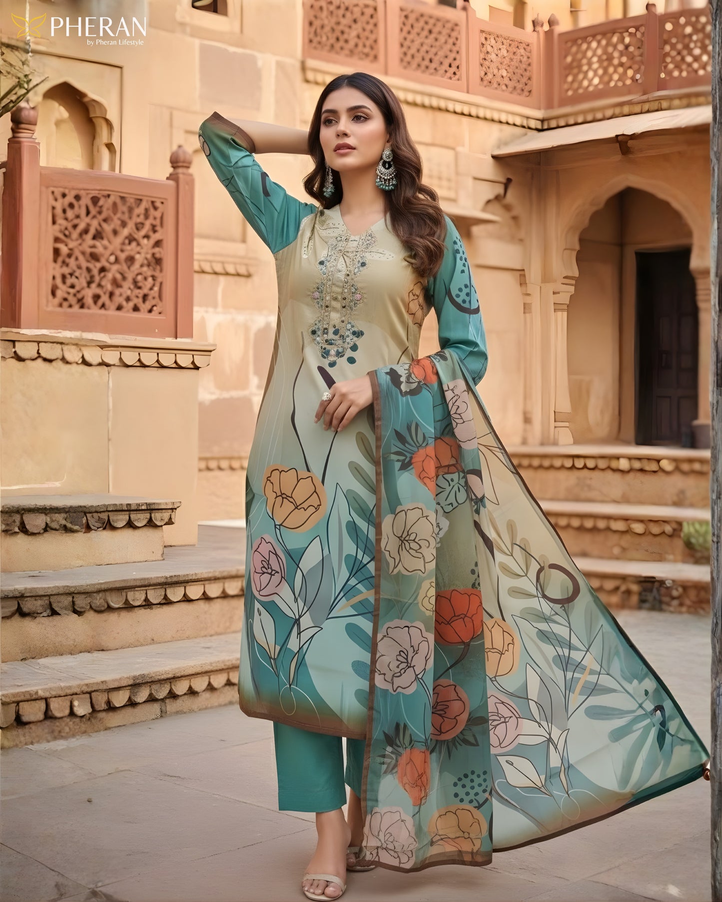 Pheran Women's Abstract Floral Print Suit Set  AM82