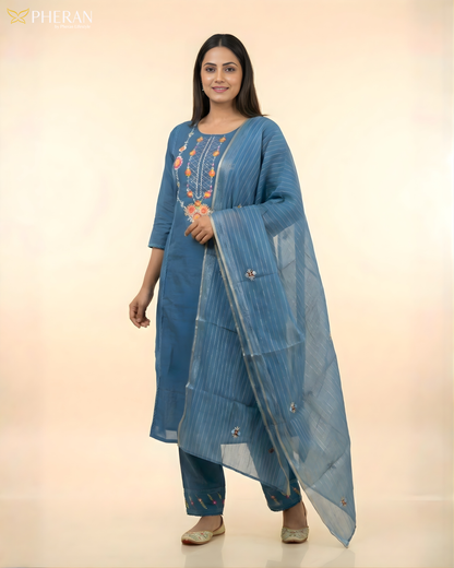 Pheran Deep Blue Embroidered Kurta Set with Dupatta (SV-KL76-BU)