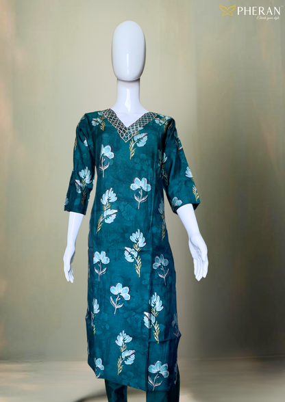 Pheran Teal Green Floral Printed Kurta Set with Embellished Neckline (M4-NU10-TB-SU)