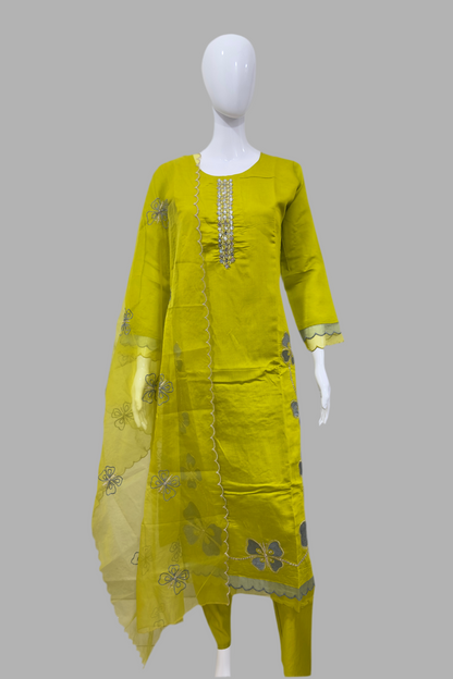 Pheran Women’s Lime Green Floral Embroidered Kurta Set with Dupatta (A2-9YE-95S)