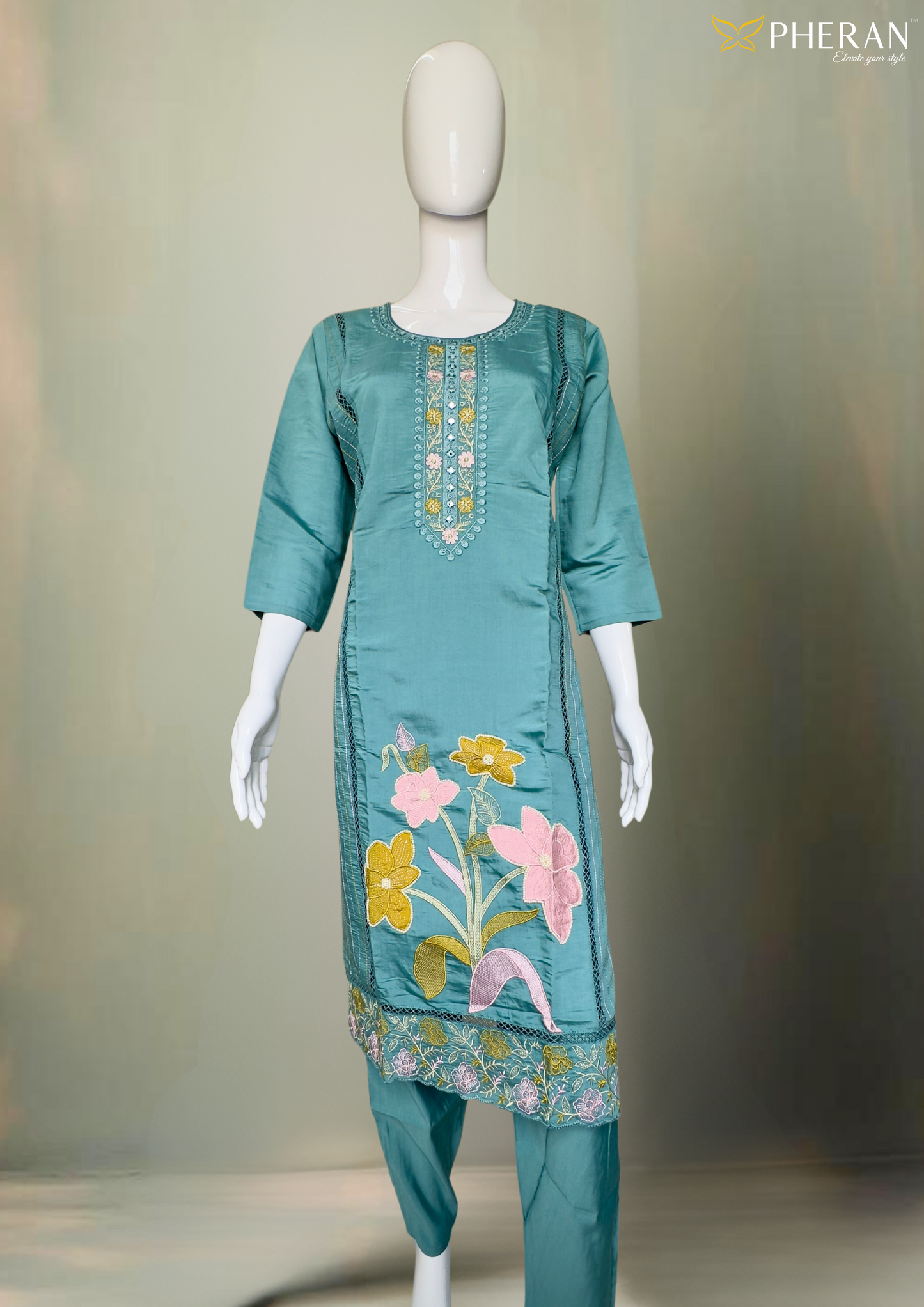 Pheran Teal Green Floral Embroidered Satin Silk Kurta Set with Dupatta (A2-TGS-SU)