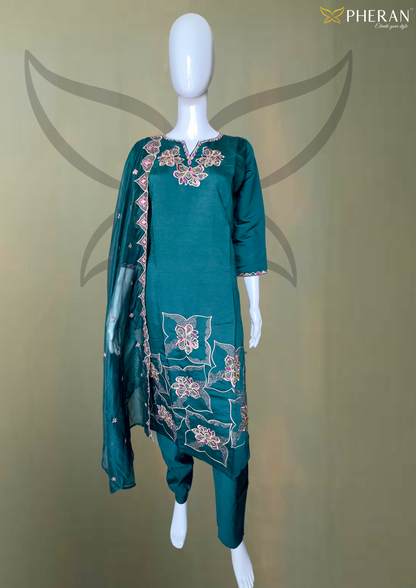 Pheran Teal Green Embroidered Kurta Set with Matching Dupatta ( A2-TG-SU)