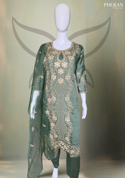 Pheran Olive Green Intricately Embroidered Kurta Set with Dupatta (A2-OG-SU)