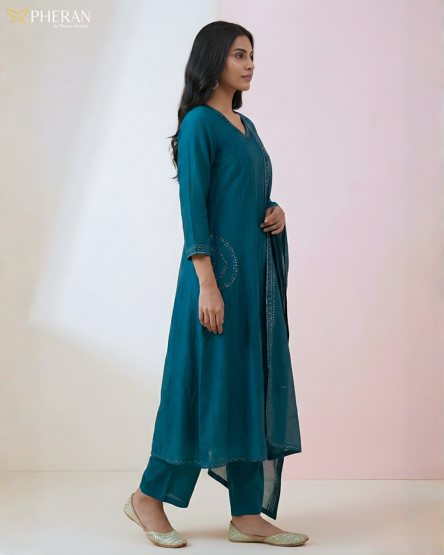 Pheran Women's Solid Teal Blue Cotton Suit Set AM83