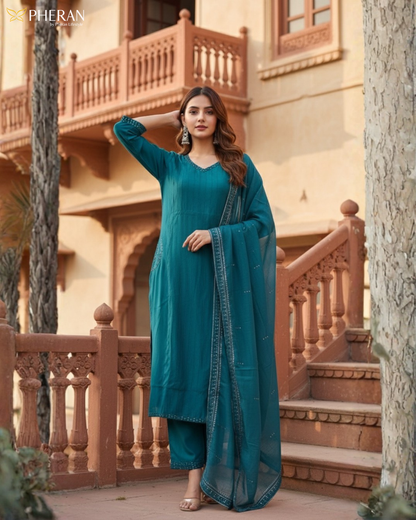 Pheran Women's Solid Teal Blue Cotton Suit Set AM83