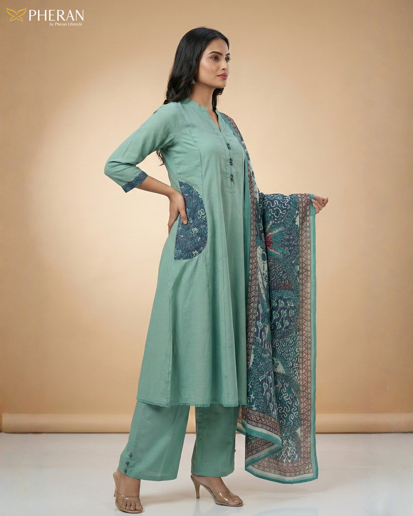 Pheran Women's Sage Green A-Line Suit with Printed Dupatta AM80