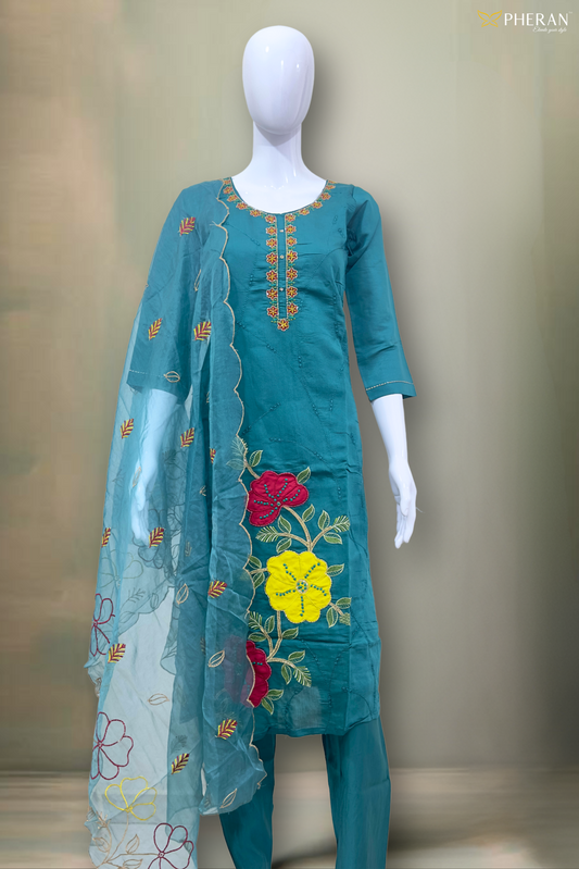 Pheran Teal Floral Embroidered Kurta Set with Organza Dupatta (A2-8TE-95S)