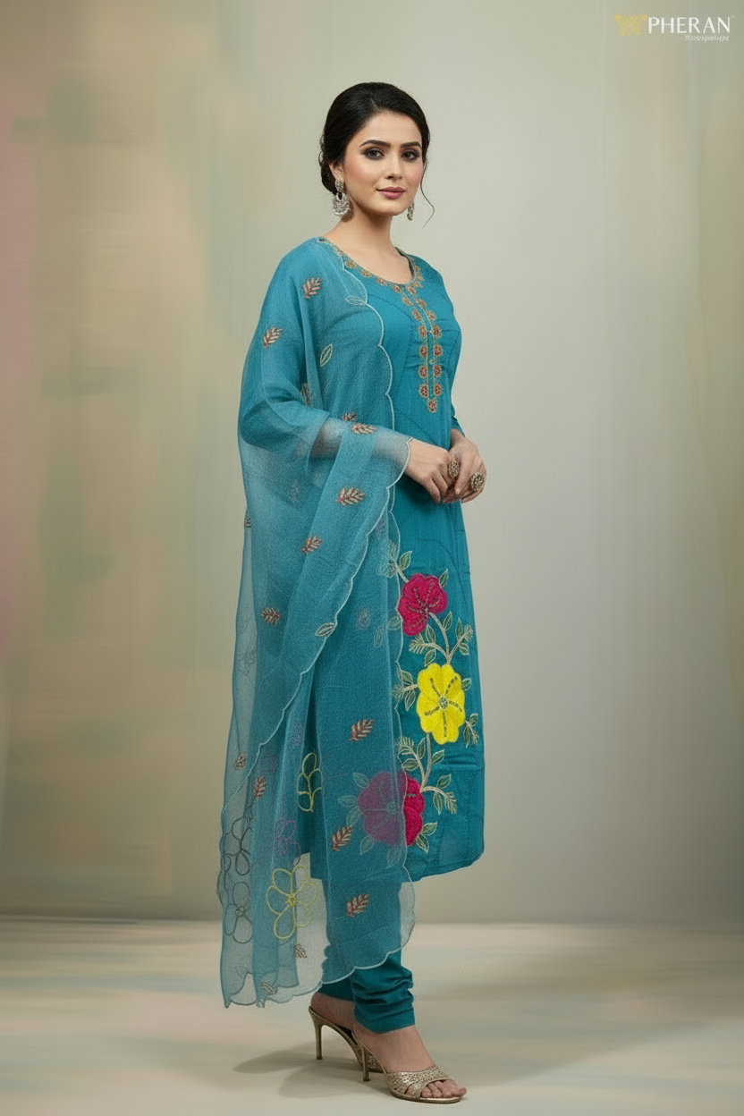 Pheran Teal Floral Embroidered Kurta Set with Organza Dupatta (A2-8TE-95S)