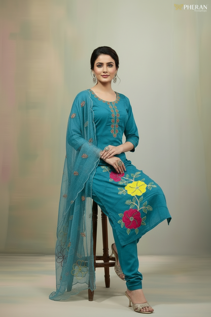 Pheran Teal Floral Embroidered Kurta Set with Organza Dupatta (A2-8TE-95S)