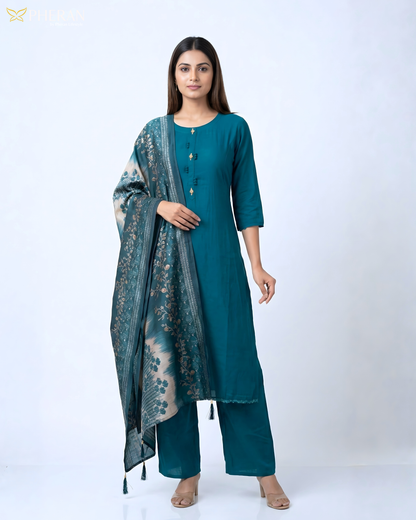 Pheran Women's Deep Teal Suit Set with Kalamkari-Inspired Print Dupatta AM77