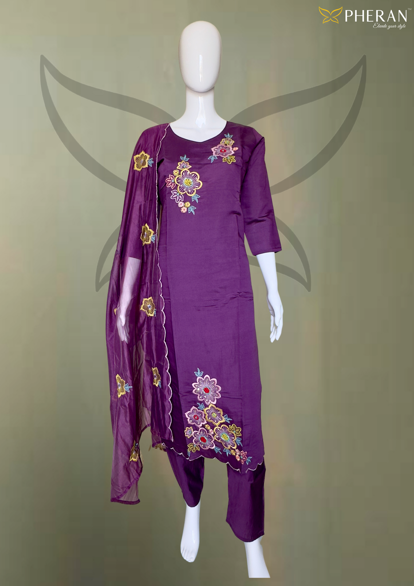 Pheran Purple Floral Embroidered Kurta Set with Dupatta (A2-PR-SU)