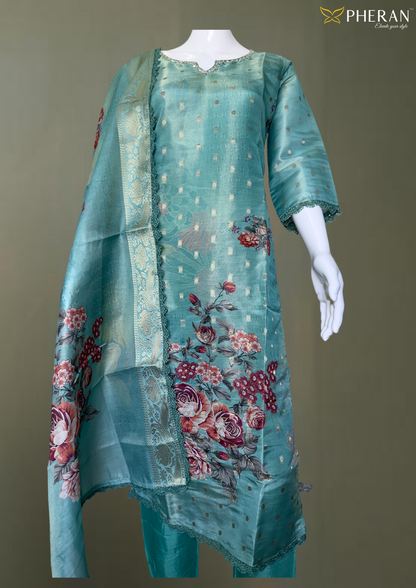 Pheran Teal Floral Printed Silk Kurta Set with Dupatta (BO-AU-05-RA)