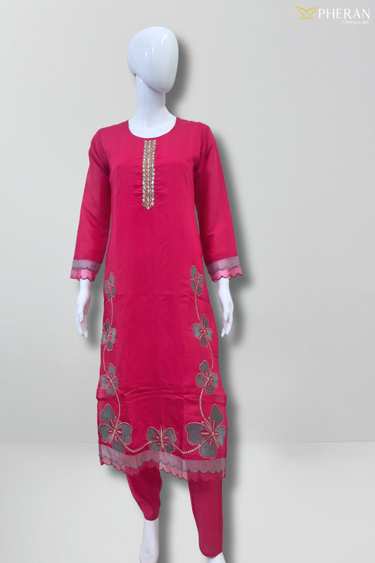 Pheran Pink Butterfly Embroidered Kurta Set with Delicate Organza Dupatta (A2-9PK-95S)