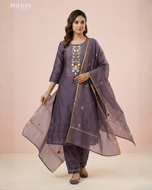 Pheran Lavish Lavender Embroidered Kurta Set with Dupatta (SV-KL73-LV)