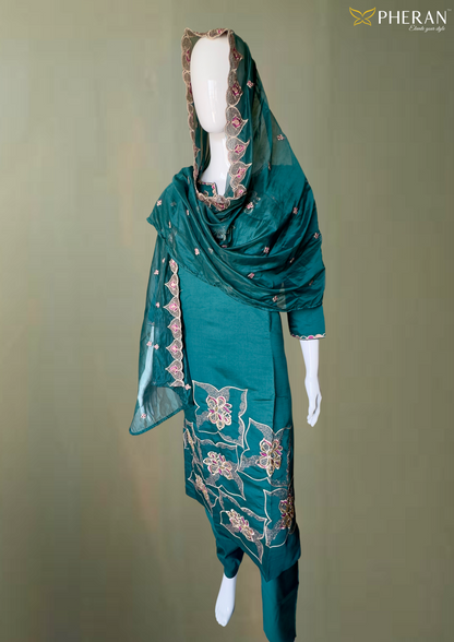 Pheran Teal Green Embroidered Kurta Set with Matching Dupatta ( A2-TG-SU)