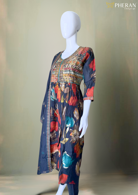 Pheran Navy Multicolored Printed Women's  Anarkali Kurta Set with Dupatta (M4-2224-NM-AK)