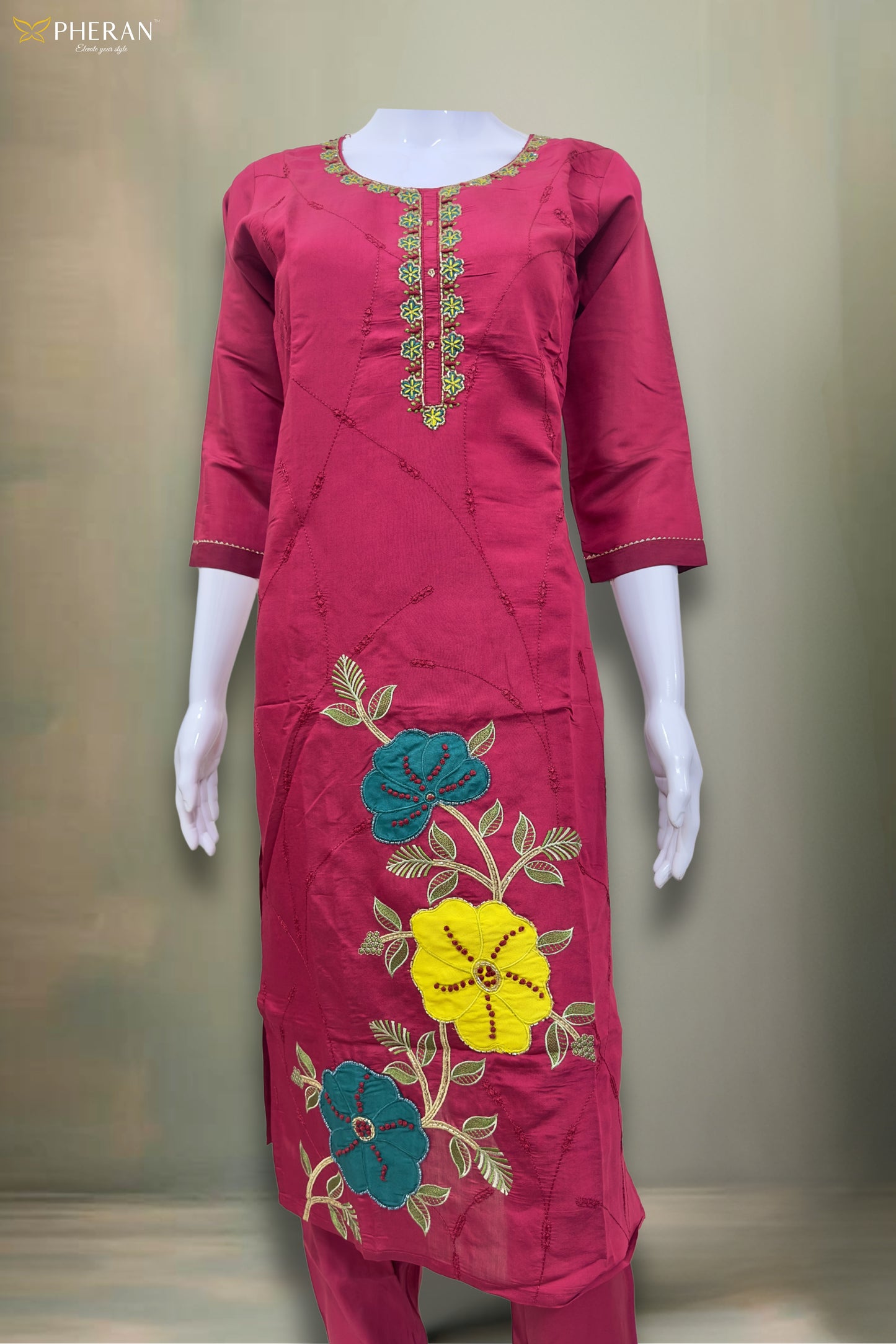 Pheran Pink Floral Embroidered Kurta Set with Organza Dupatta (A2-8PK-95S)