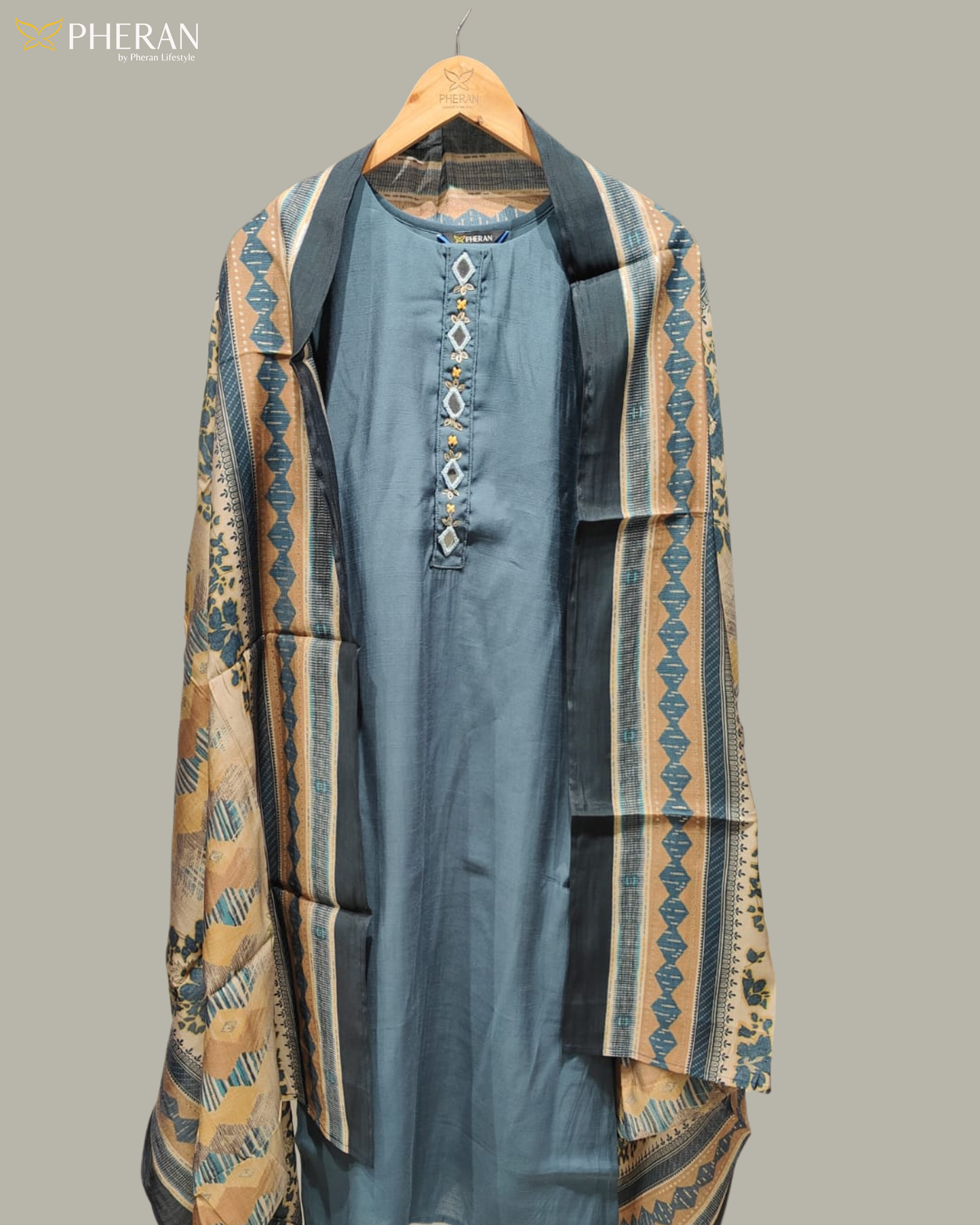 Pheran Women's Teal Blue and Ochre Print Modal Suit Set AM86