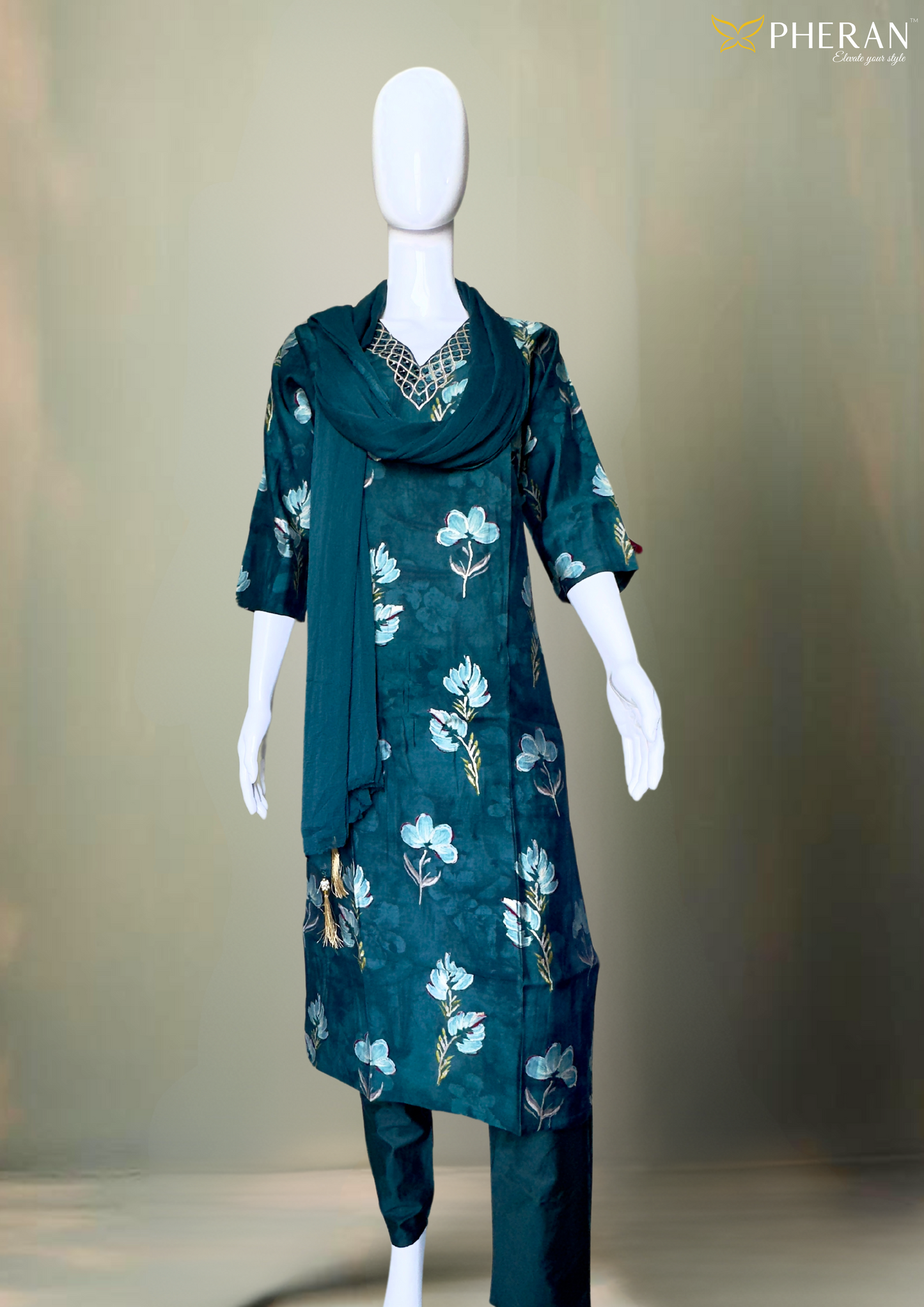 Pheran Teal Green Floral Printed Kurta Set with Embellished Neckline (M4-NU10-TB-SU)