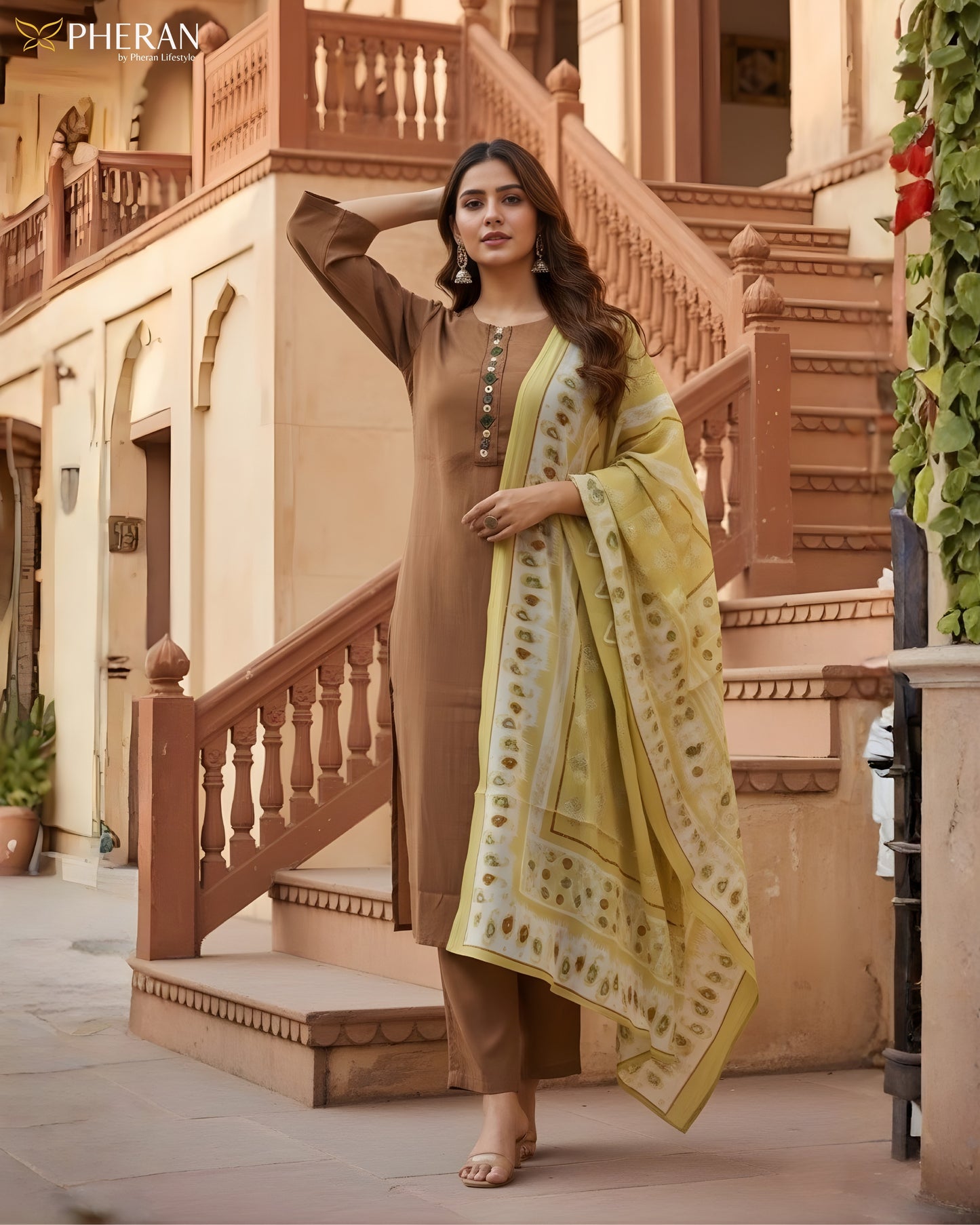 Pheran Women's Brown and Sunshine Print Modal Suit Set  AM85