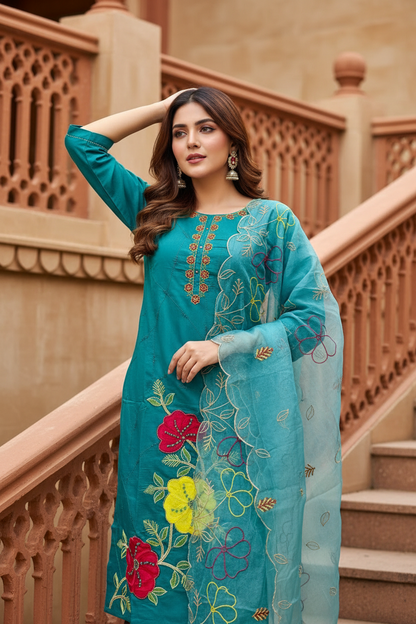 Pheran Teal Floral Embroidered Kurta Set with Organza Dupatta (A2-8TE-95S)