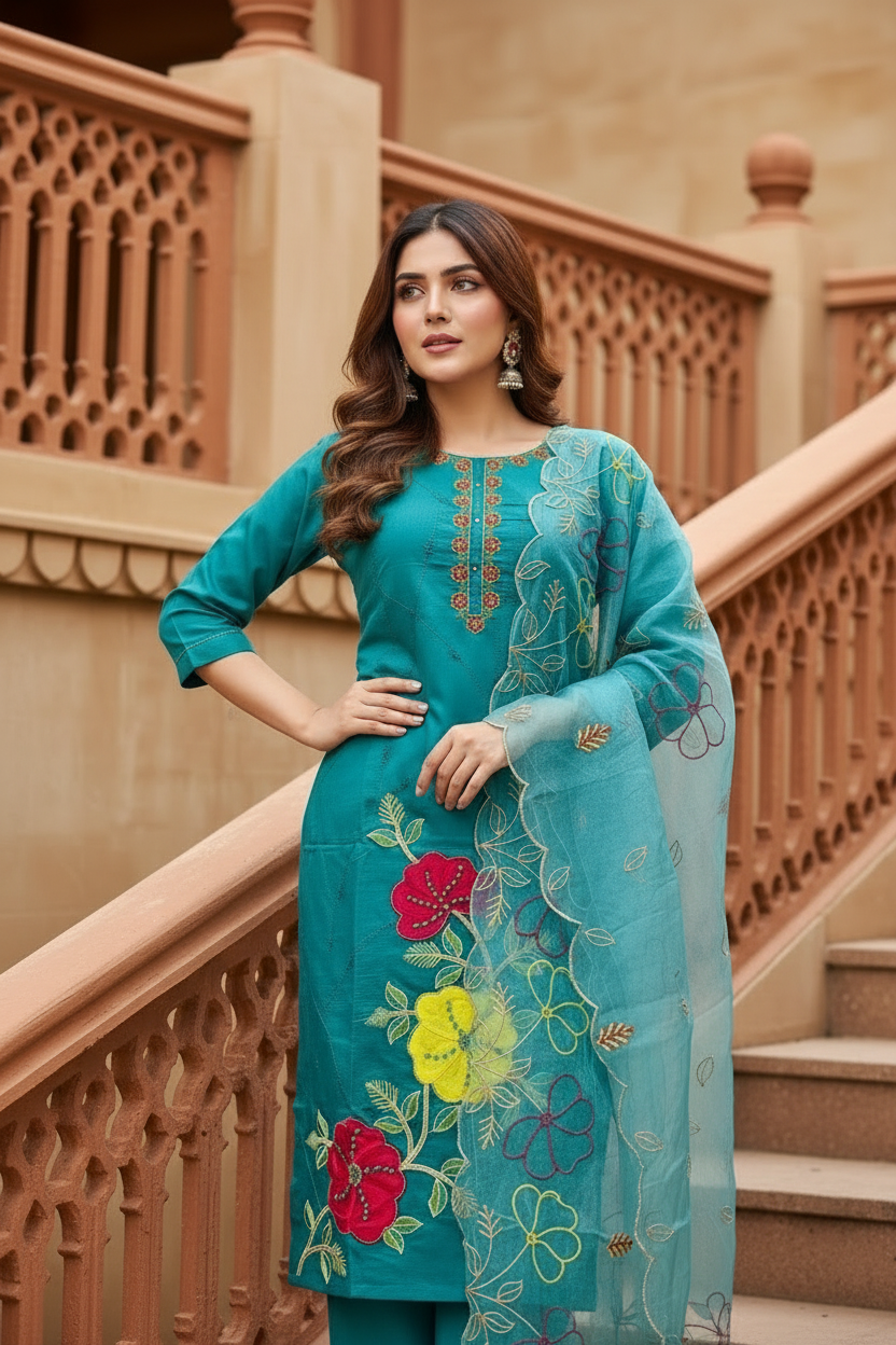 Pheran Teal Floral Embroidered Kurta Set with Organza Dupatta (A2-8TE-95S)