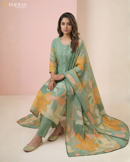 Pheran Women's Sage Green Premium Silk Cotton Suit Set  AM78