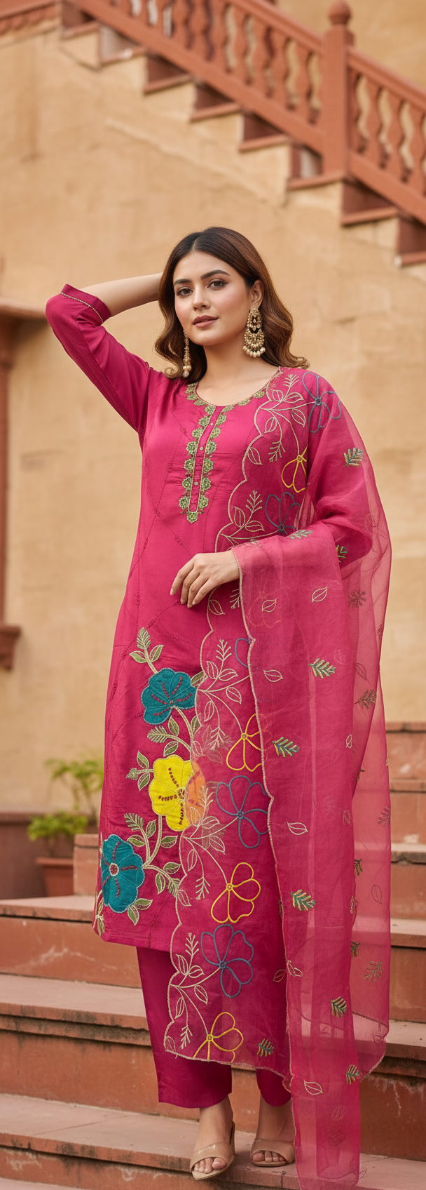 Pheran Pink Floral Embroidered Kurta Set with Organza Dupatta (A2-8PK-95S)