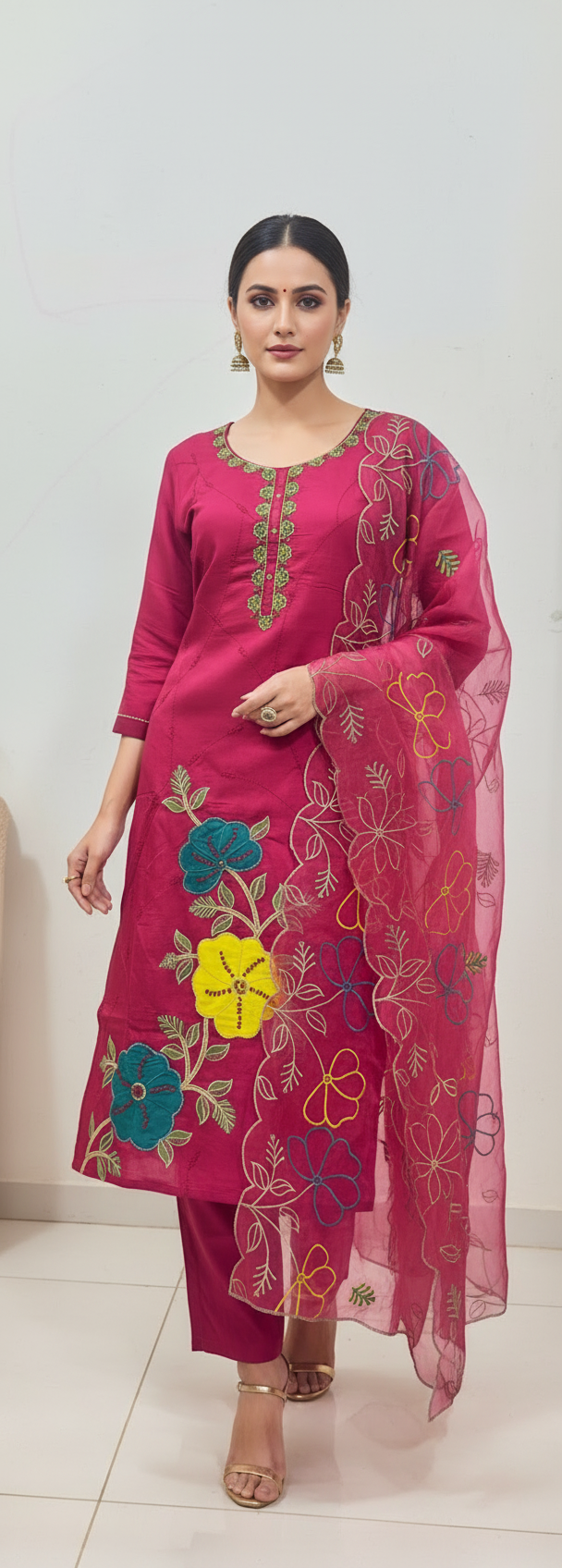 Pheran Pink Floral Embroidered Kurta Set with Organza Dupatta (A2-8PK-95S)